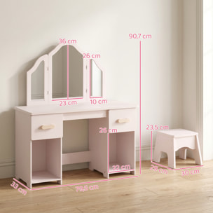Tocador para Niñas, Tocador de Maquillaje Niñas, 2 en 1, Escritorio, con Taburete, 3 Espejos Desmontables, 2 Cajones, 2 Armarios, 6 Accesorios, a Partir de 3 Años, Rosa