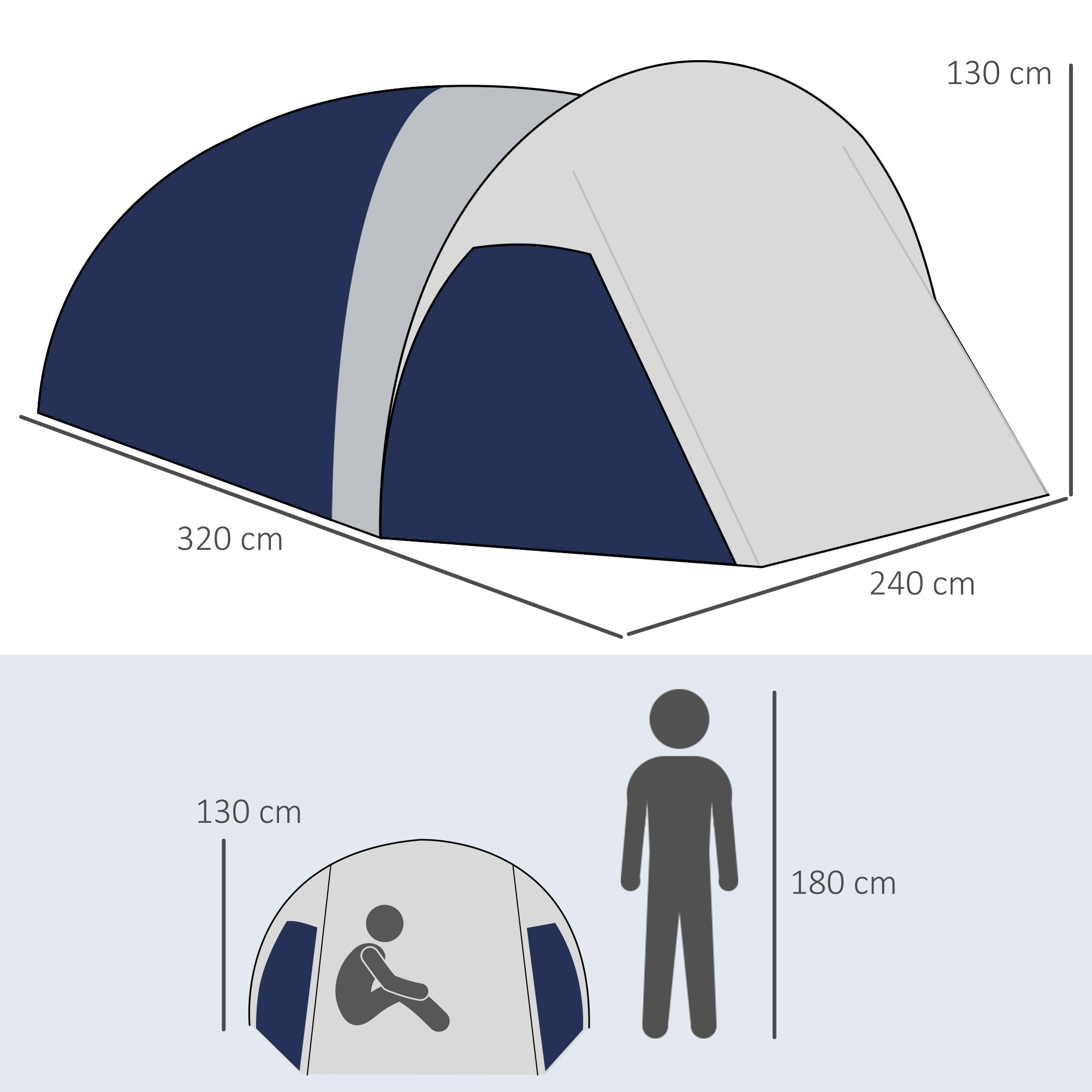 Tente de camping 3-4 pers.  - 2 portes - dim. 3,2L x 2,4l x 1,3H m - sac transport inclus - bleu gris