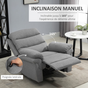 Fauteuil de relaxation inclinable manuel avec repose-pied ajustable tissu polyester aspect lin gris clair chiné