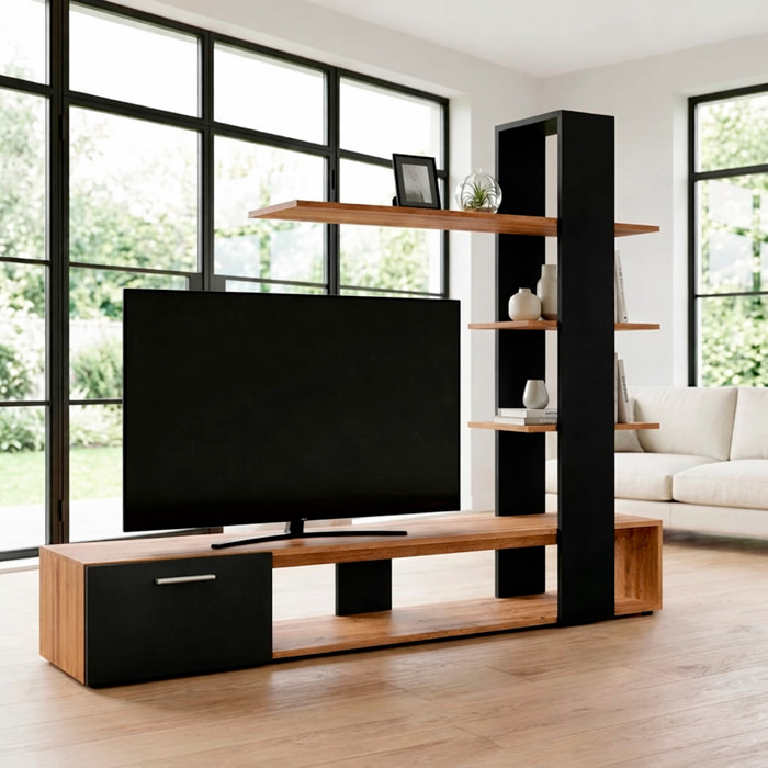 Parete Attrezzata Soggiorno Mobile Tv Ripiani Mensola Moderno Living Arredo Contemporaneo Contenitore Vani Salvaspazio 190x152x35 Cm Rovere E Nero