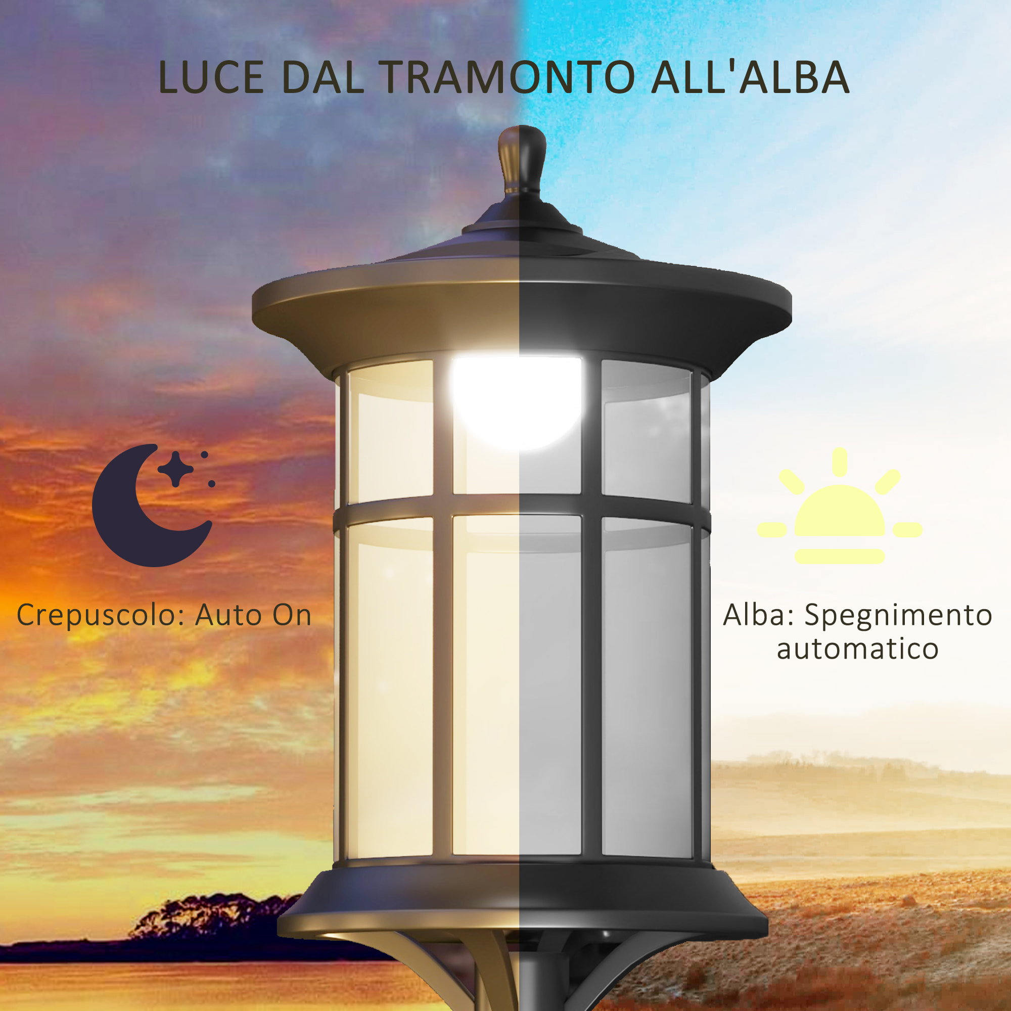 Outsunny Lampione Solare da Giardino Alto 184cm con Luce LED Bianco Freddo e IP44, Nero