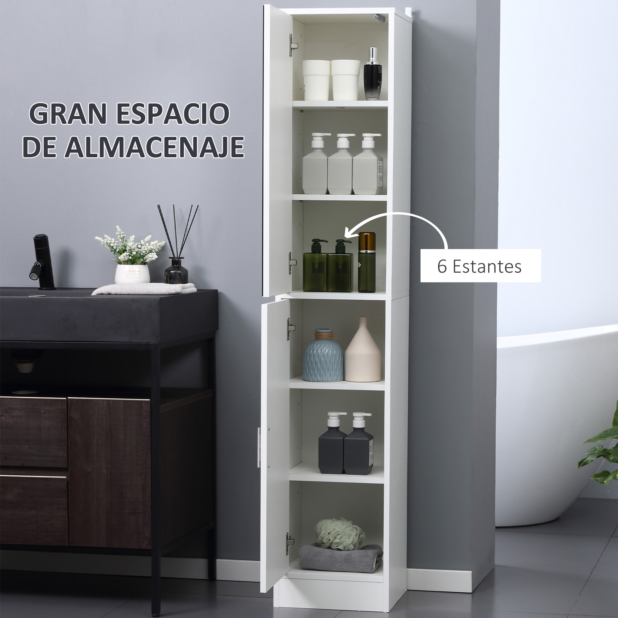 kleankin Armario para Baño Alto Mueble Columna de Baño con Espejo 2 Puertas y Estantes Interiores Ajustables Multiusos para Cocina Salón 32x28x162 cm Blanco