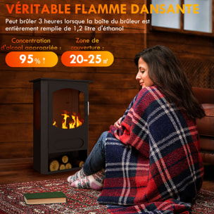 Cheminée bioéthanol design contemporain - range bûches - brûleur 1,2 L - contrôle de flamme et manche inclus - acier noir