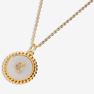 Collana Catena Rolo e Pendente in Madreperla Lavorato con Luna e Cubic Zirconia