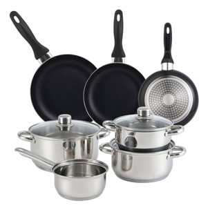 set de batería de cocina de 7pc en acero inoxidable + 3 sartenes ø16ø20ø24cm negro en aluminio prensado