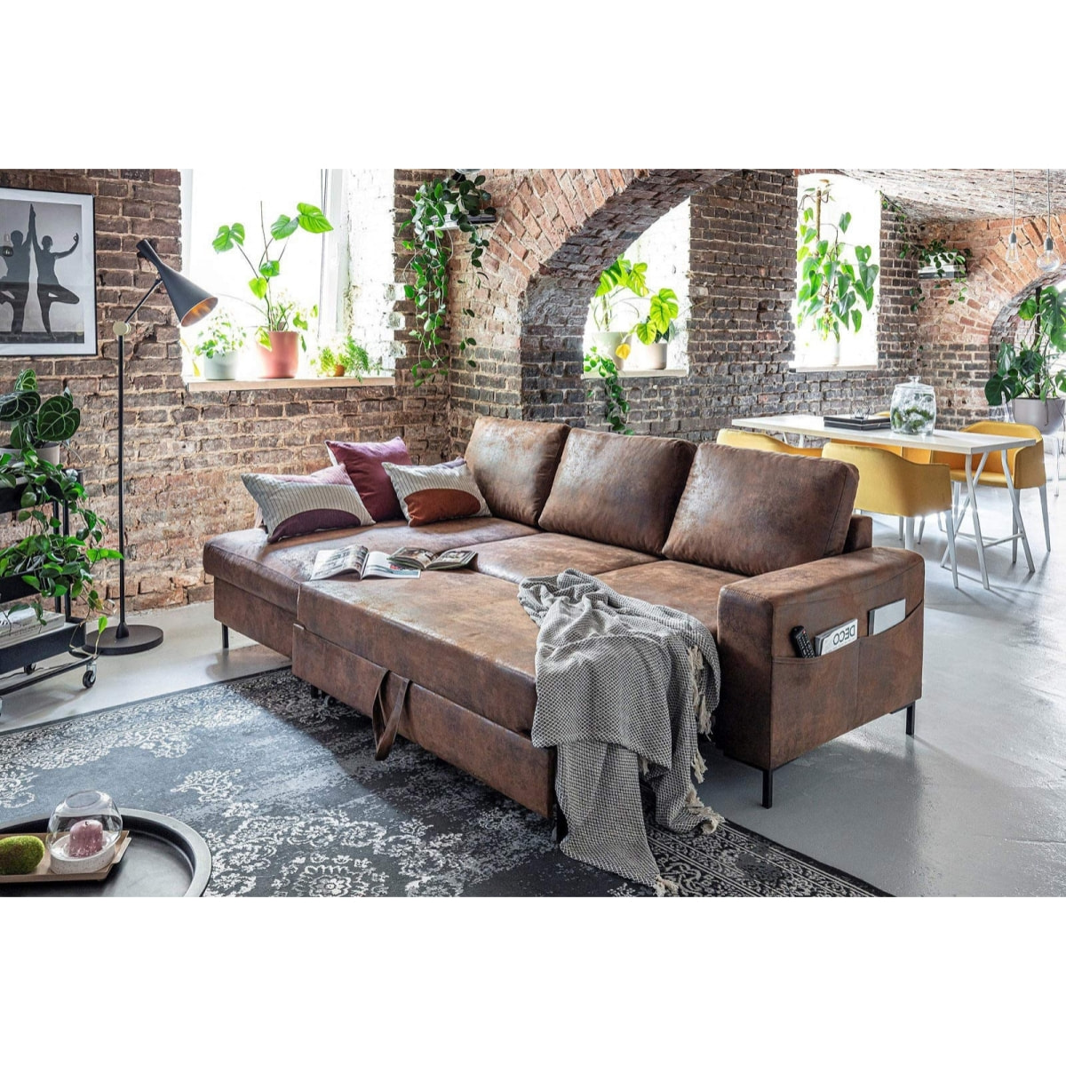 Lilly - Canapé d'angle gauche - 4 places - convertible avec coffre - en microfibre - Marron