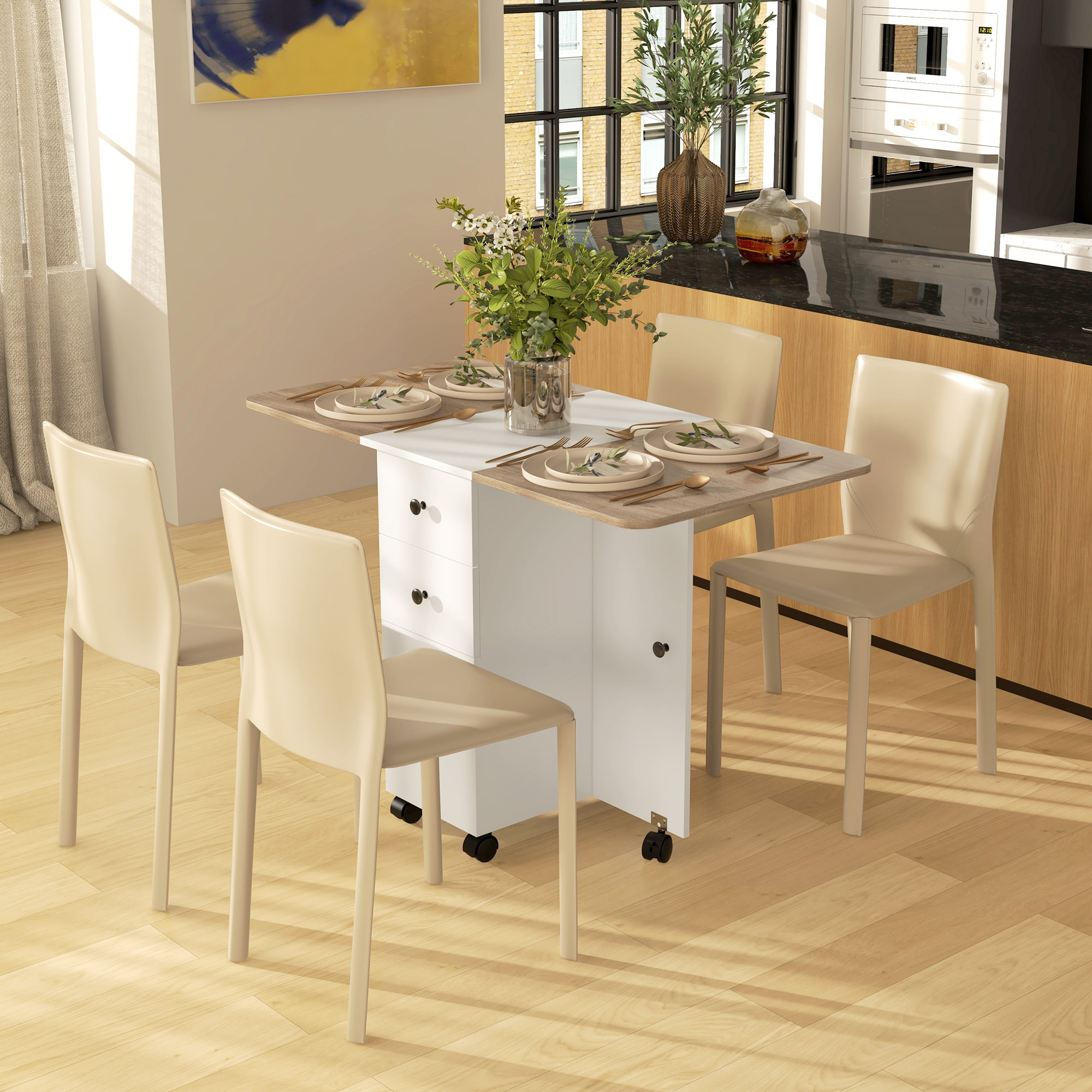 Mesa Plegable de Comedor, Mesa de Cocina Plegable, con Ruedas, Alas Abatibles, 2 Cajones, Estante y Armario, Hasta 6 Personas, para Salón, Espacio Pequeño, 120x60x76,5 cm, Blanco y Natural