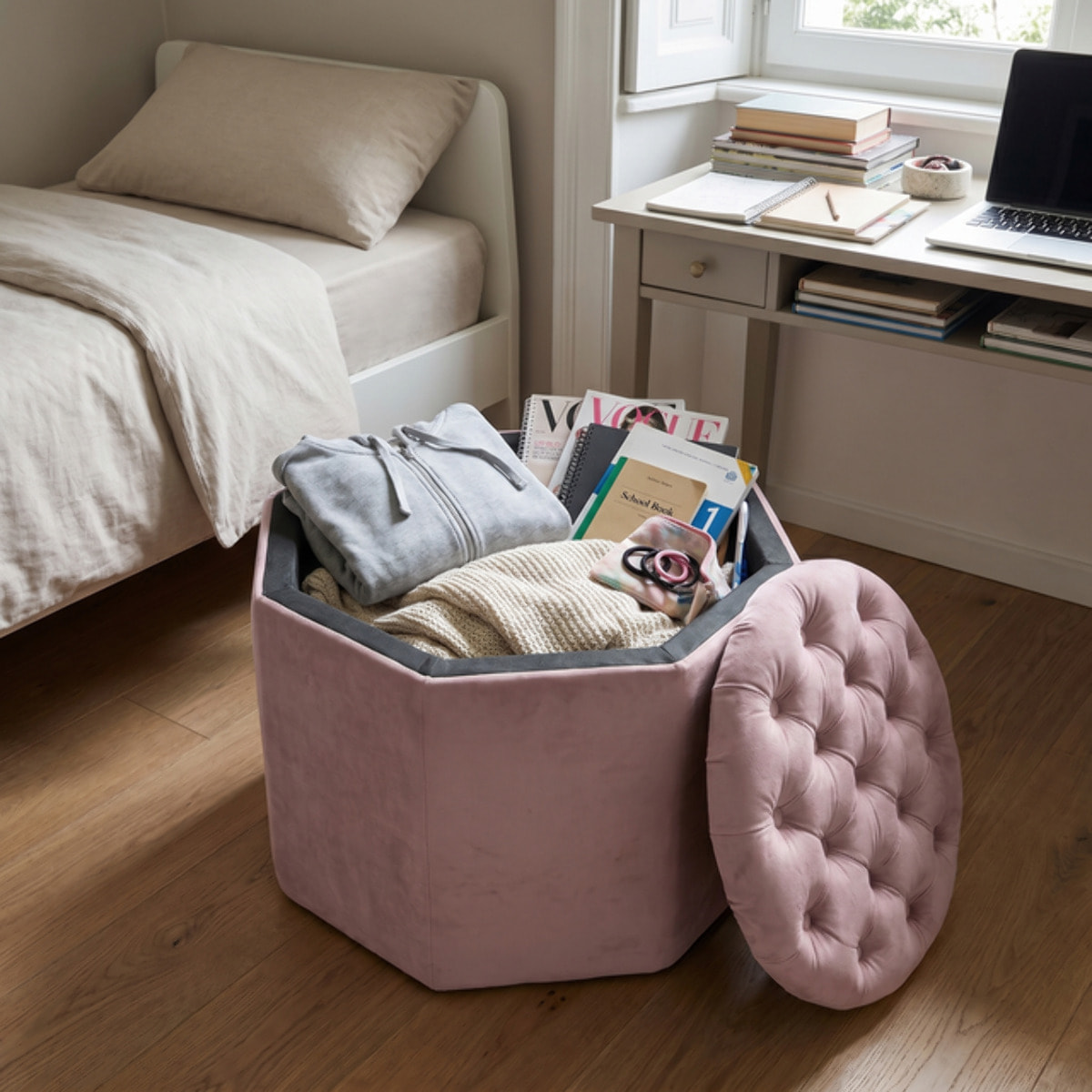 Pouf contenitore ottagonale in velluto - ROSA ANTICO