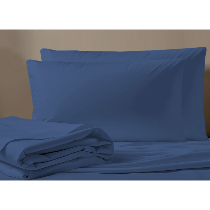 Completo Lenzuola No Stiro In Tinta Unita Con Angolo H.27 cm Colore Blu