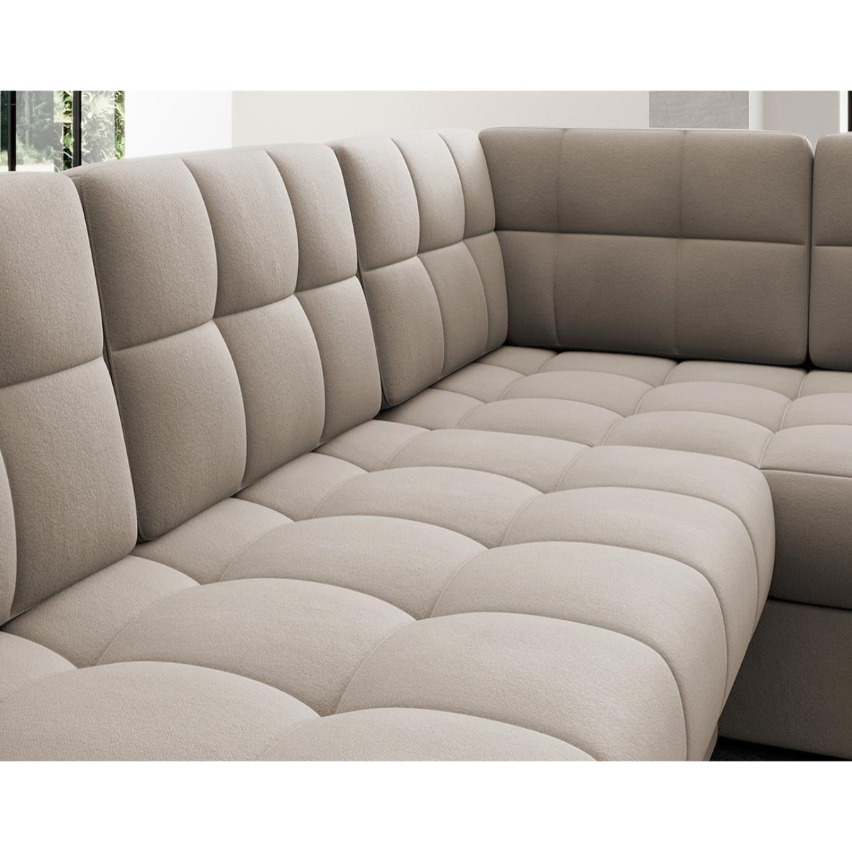Nappa - Canapé panoramique d'angle droit 7 places convertible avec coffre en velours - Beige