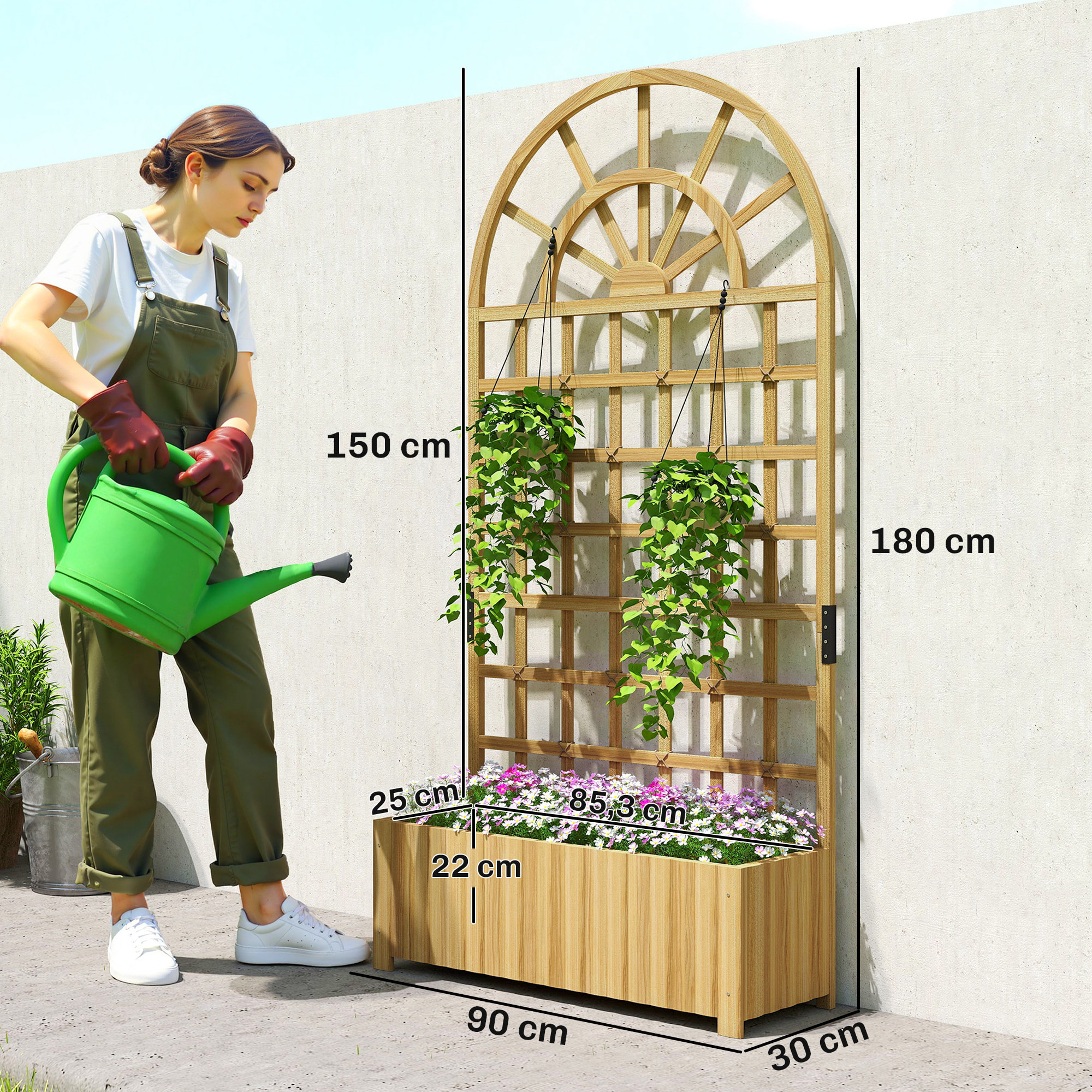 Jardinera con Enrejado de Madera, Jardinera Exterior Grande para Plantas Trepadoras, con Ofricios de Drenaje, Macetero Elevado para Jardín, Patio, Terraza, 90x30x180 cm, Natural