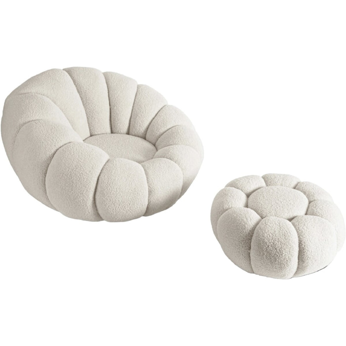Fauteuil avec pouf style bubble en tissu bouclette "Élysée" - Crème