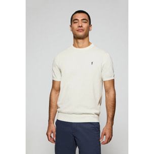 Maglione beige a girocollo con maniche corte e logo ricamato