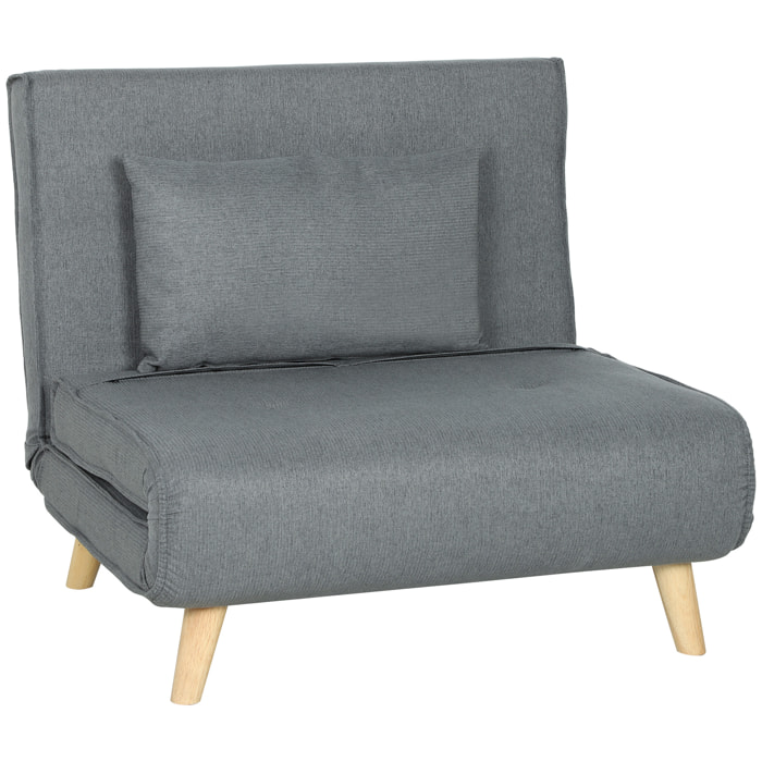 Sofá Cama de 1 Plaza 3 en 1, Sillón Cama Plegable Tapizado en Lino Sintético, con Respaldo Ajustable en 6 Niveles, Almohada, Asiento Ancho, Patas de Madera, 90x78x79 cm, Gris