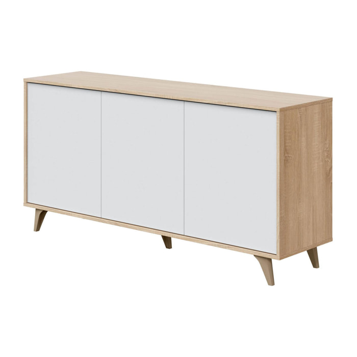 Credenza Arvada, Madia moderna a 3 ante e ripiani, Buffet da cucina, Buffet di design da soggiorno, cm 154x40h75, Rovere e Bianco