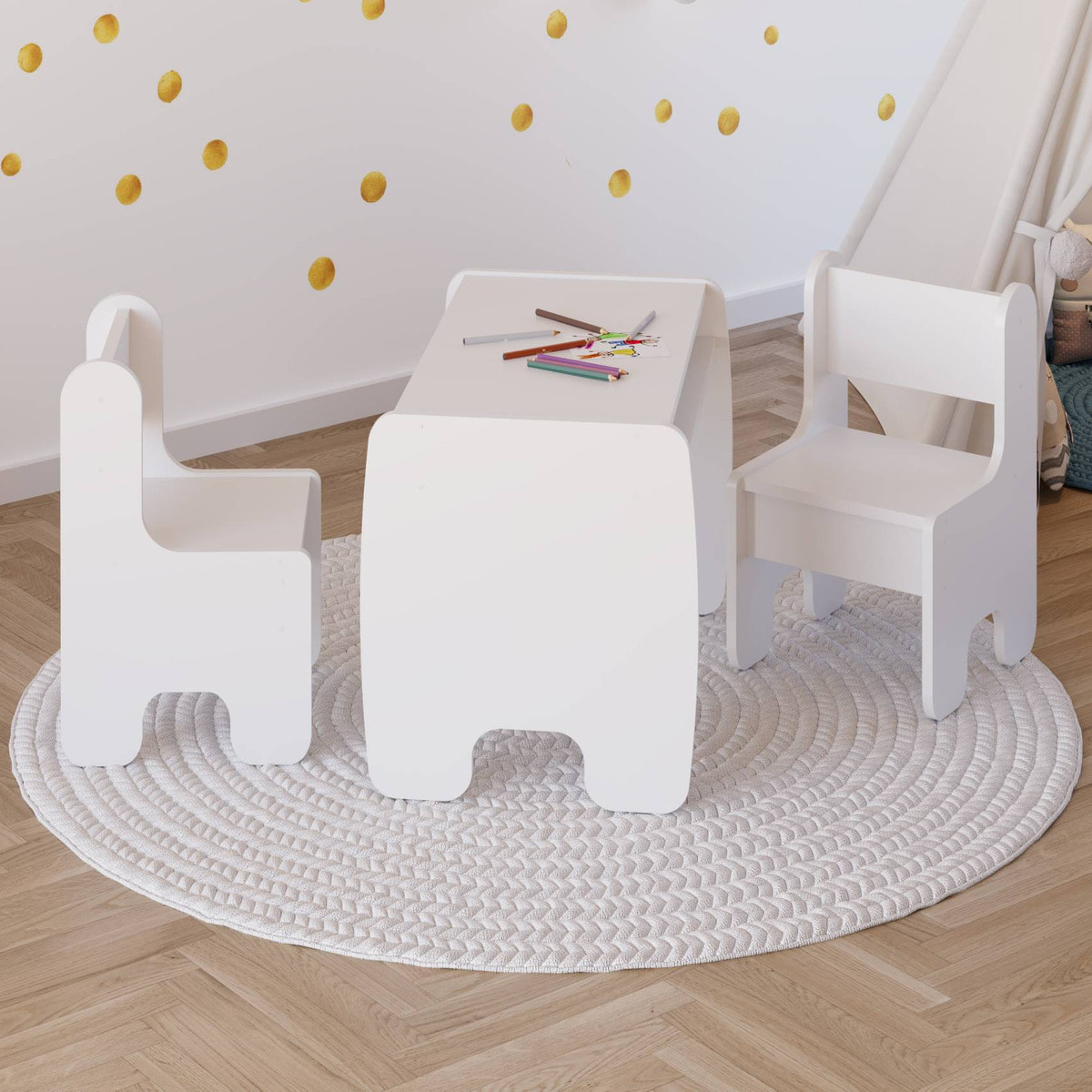 Set Timi Tavolo per Bambini con Due Sedie in Legno Bianco