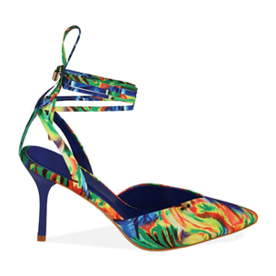 Décolleté slingback blu multicolor, tacco 8,5 cm