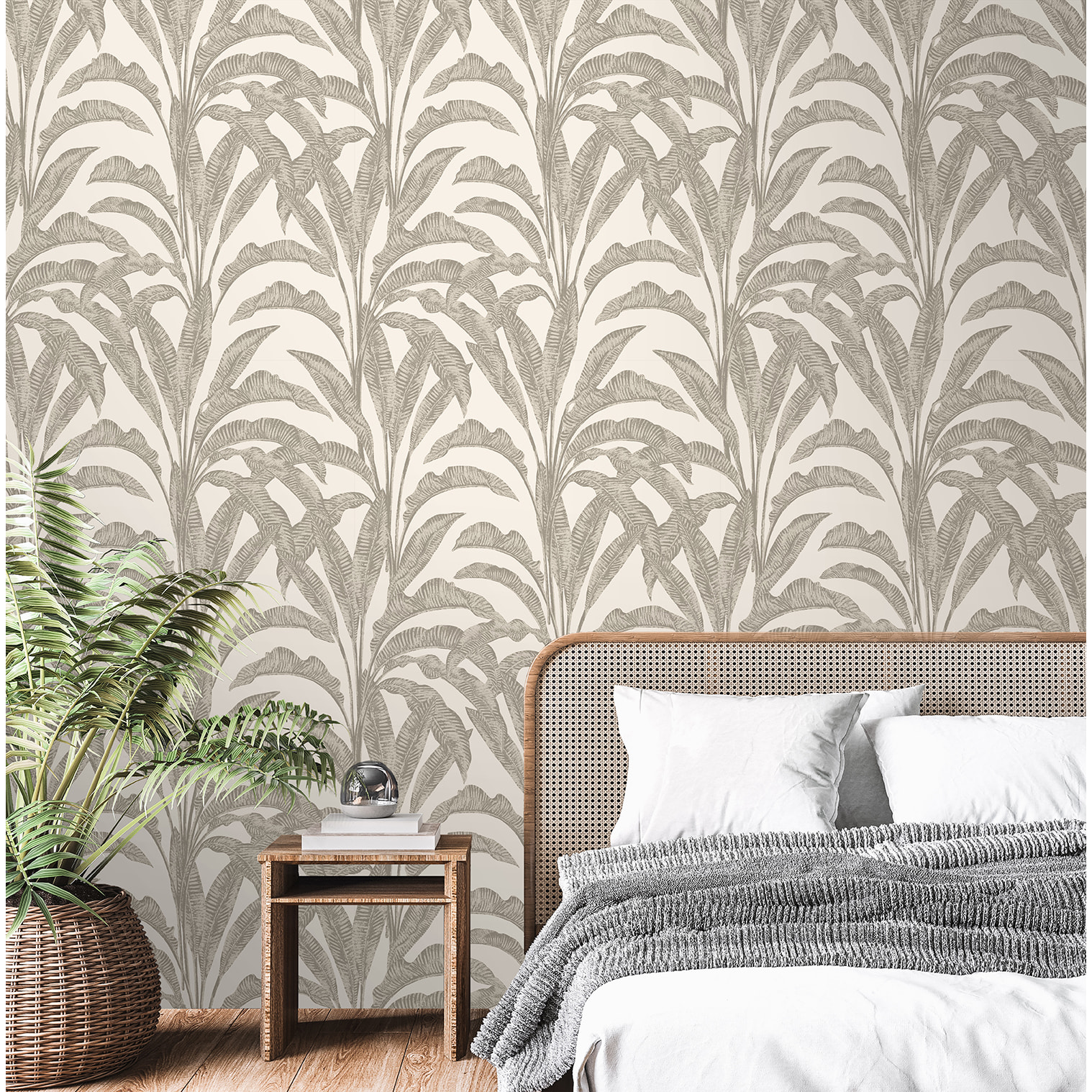 Papier peint feuilles bananier tropical taupe blanc