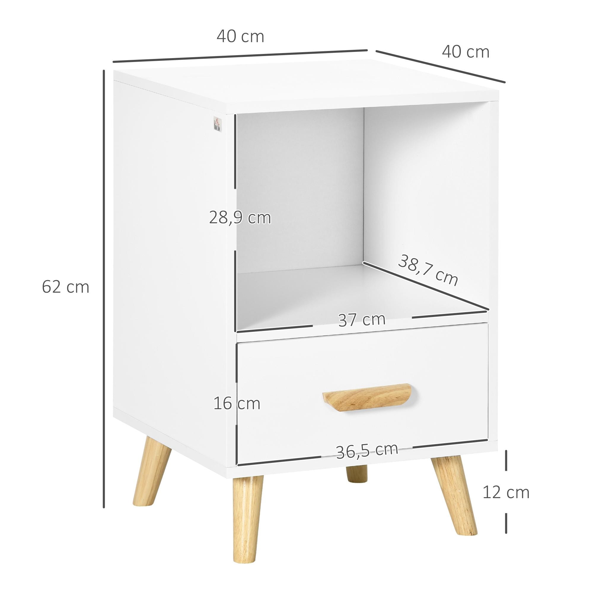 Mesa Auxiliar Moderna Mesita de Noche con 1 Cajón y Compartimiento de Almacenamiento Mesilla de Noche para Salón Dormitorio Cama 40x40x62 cm Blanco