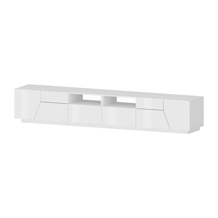 Mobile porta TV Asdrubale, Credenza bassa da soggiorno a 4 ante, Base porta televisione, 100% Made in Italy, cm 260x43h46, Bianco lucido