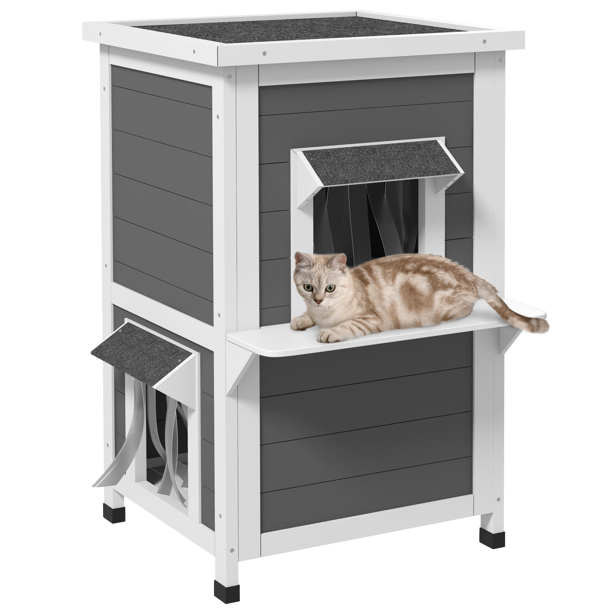 Caseta para Gatos de Madera 60x60x81,5 cm Casa para Gatos Refugio para Gatos de 2 Niveles con Cueva Cortina de Puerta Aleros Impermeables y Terraza Gris y Blanco