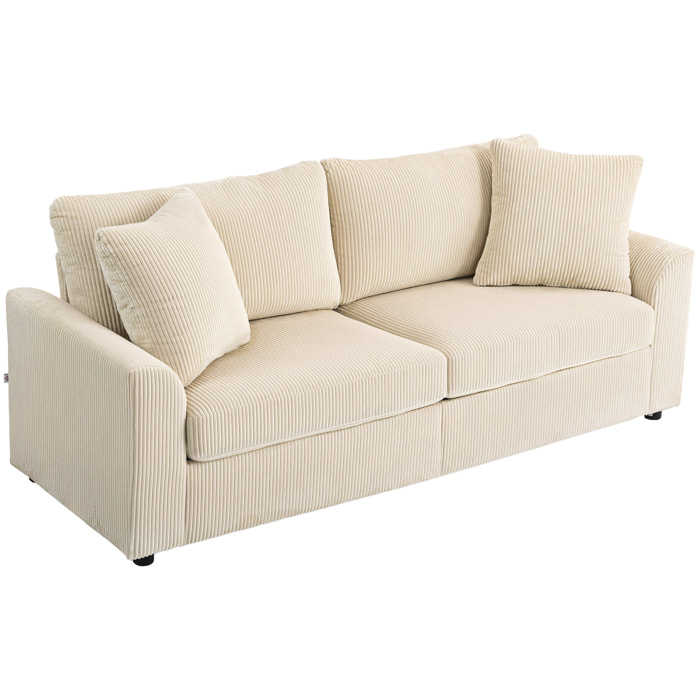 Canapé 3 places velours côtelé avec 2 coussins - canapé droit fixe 3 places beige clair