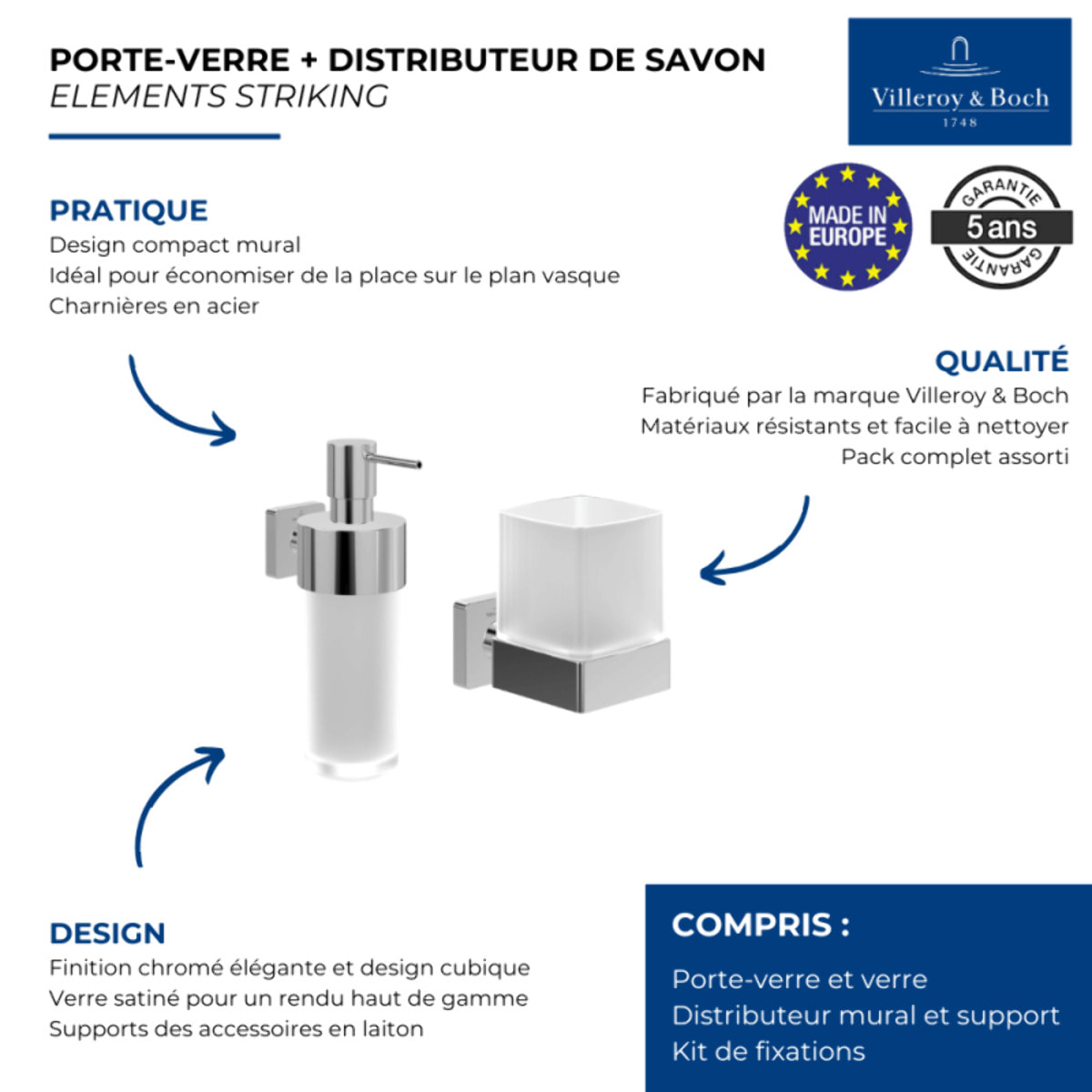 Porte-verre + Distributeur de savon VILLEROY & BOCH Elements Striking Chrome