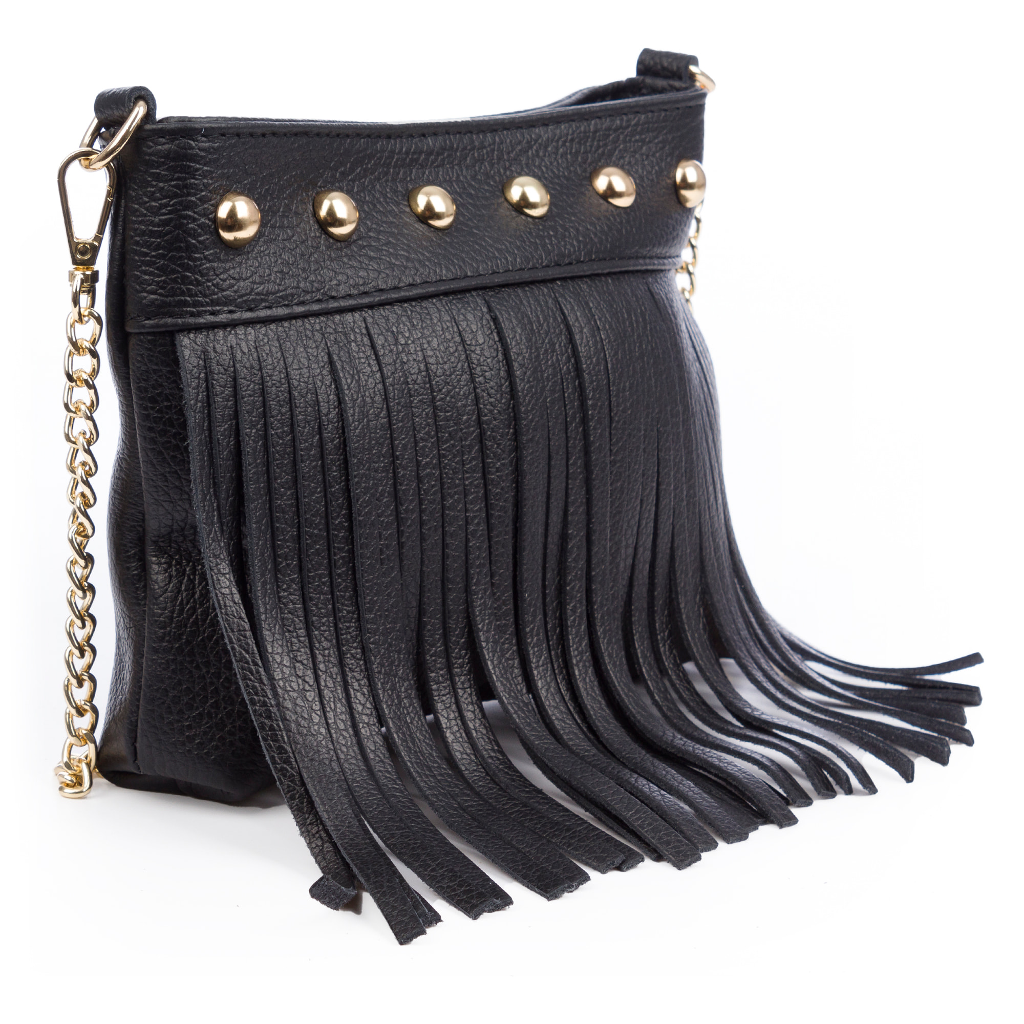 Bedulita Bolso bandolera Mujer. Piel auténtica Dollaro con flecos y detalles metálicos.