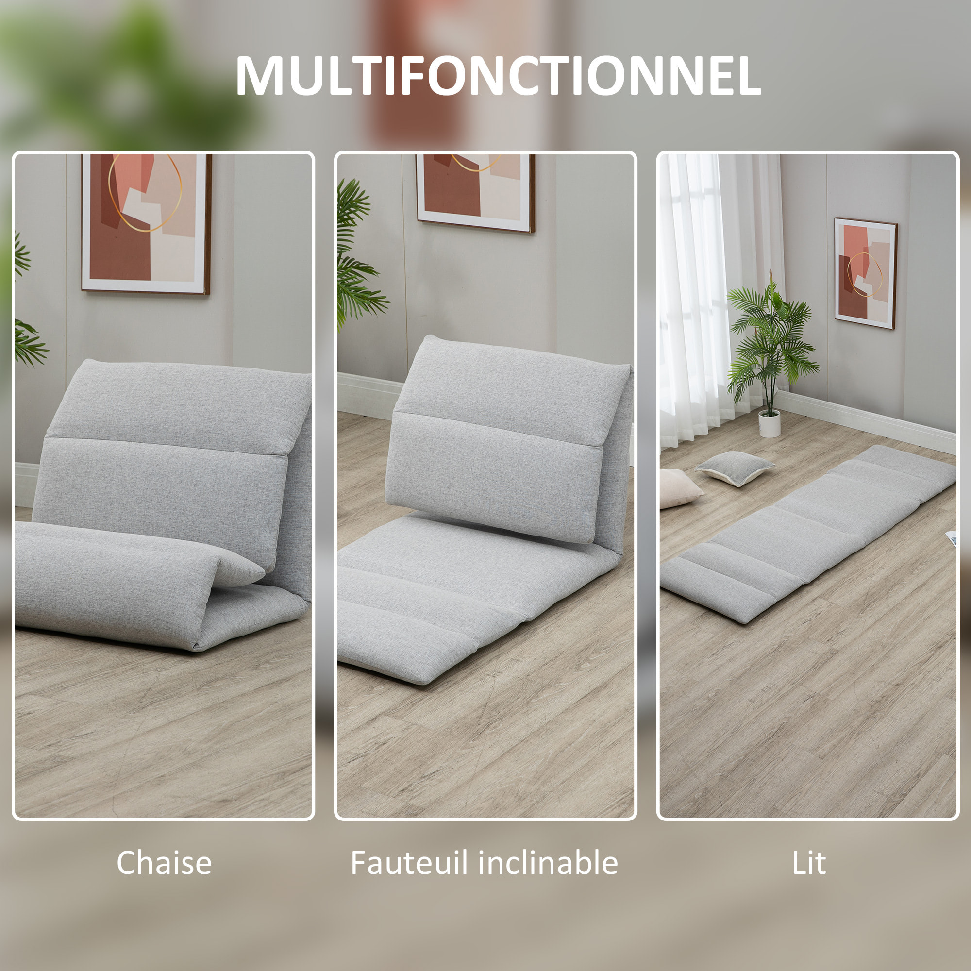 Fauteuil convertible fauteuil paresseux grand confort inclinaison dossier multipositions 90°-180° acier tissu gris clair