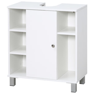 kleankin Mueble para Debajo del Lavabo Armario Baño de Suelo de Madera con 5 Compartimentos Abiertos y 1 Puerta Diseño Compacto Moderno 60x30x68 cm Blanco