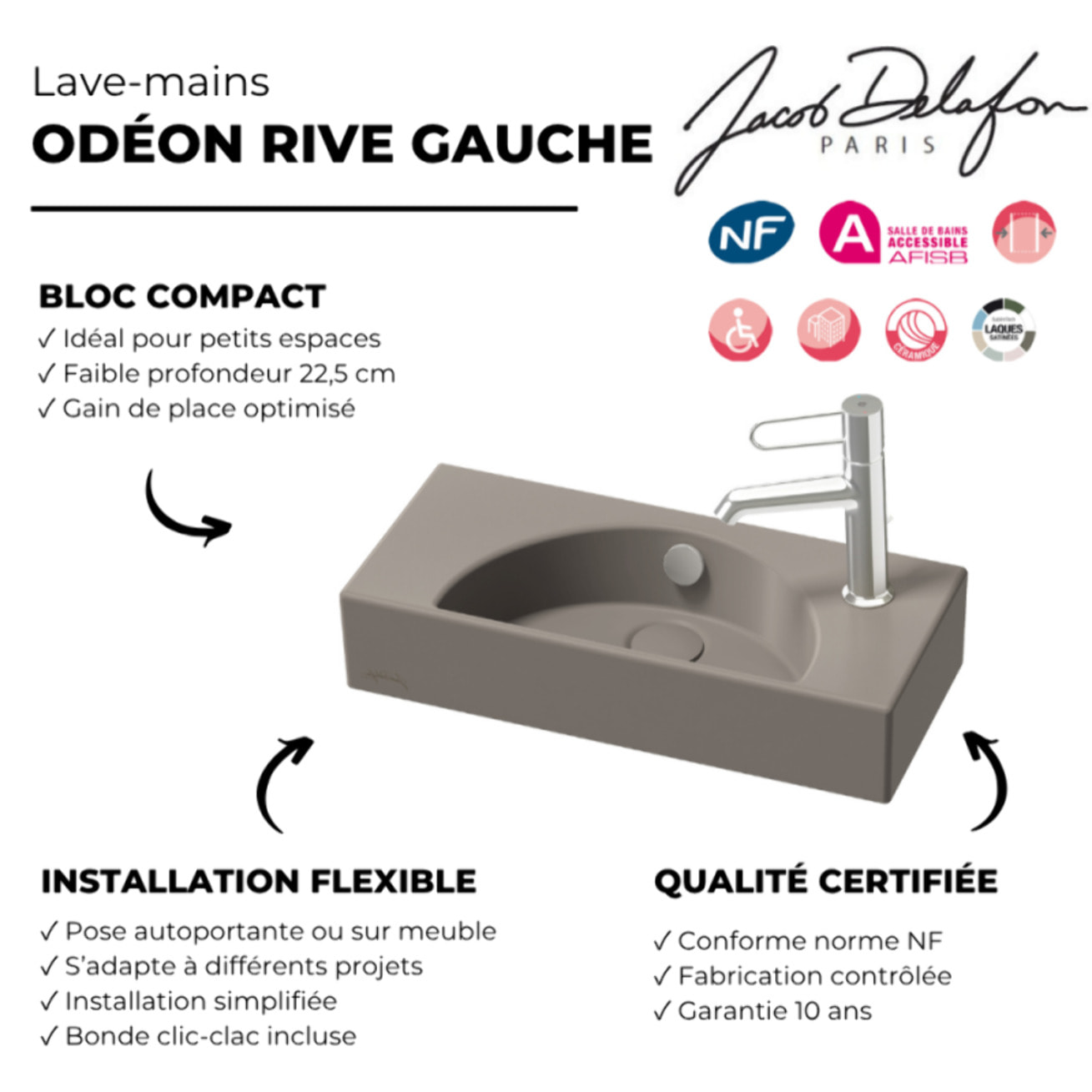 Lave-mains compact 50 cm Odéon Rive Gauche 1 trou de robinetterie à droite Brun sepia satiné avec bonde