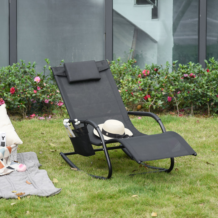 Mecedora de Exterior Tumbona Mecedora con Reposabrazos Reposacabezas Acolchado y Bolsillo Lateral Carga 120 kg para Jardín Terraza Patio 150x62x88 cm Negro