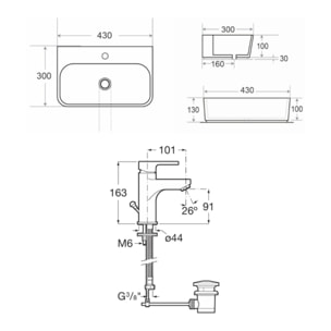 Lavabo suspendu en céramique 43x30x13 cm Swiss Aqua Technologies, sans trop-plein + mitigeur lavabo Roca (A5A306SATBRE4330R)