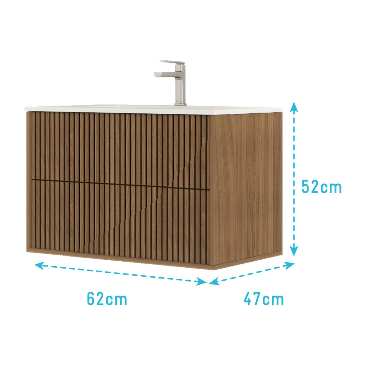 Meuble Salle de Bains 60cm 2 Tiroirs Décor Chêne et Noir Cranté - Vasque Blanche Mate - YUKI