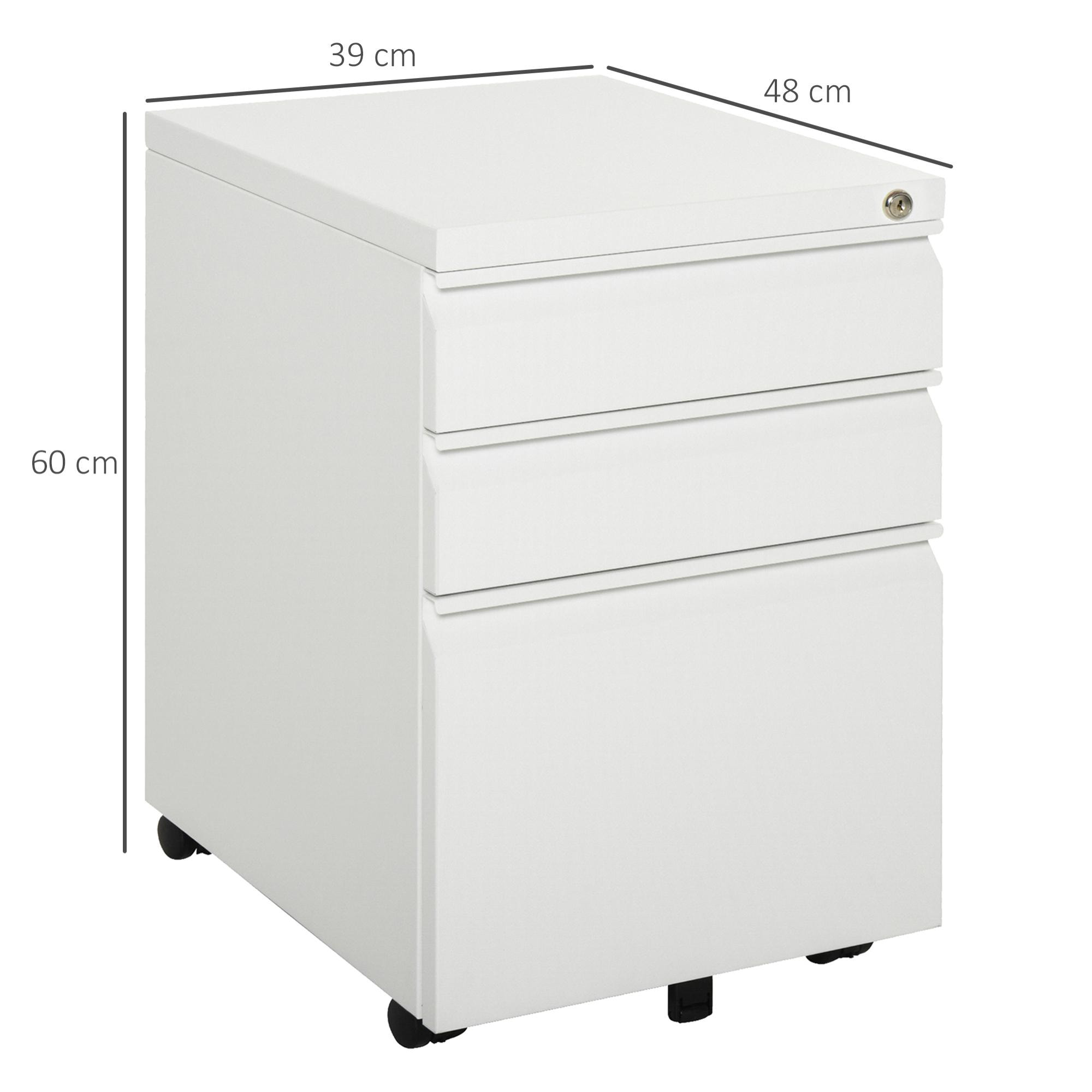 Cajonera de Oficina Mueble Archivador de Acero con 4 Ruedas 3 Cajones Cerradura y 2 Llaves para Tamaño A4 Carta para Estudio Salón 39x48x60 cm Blanco