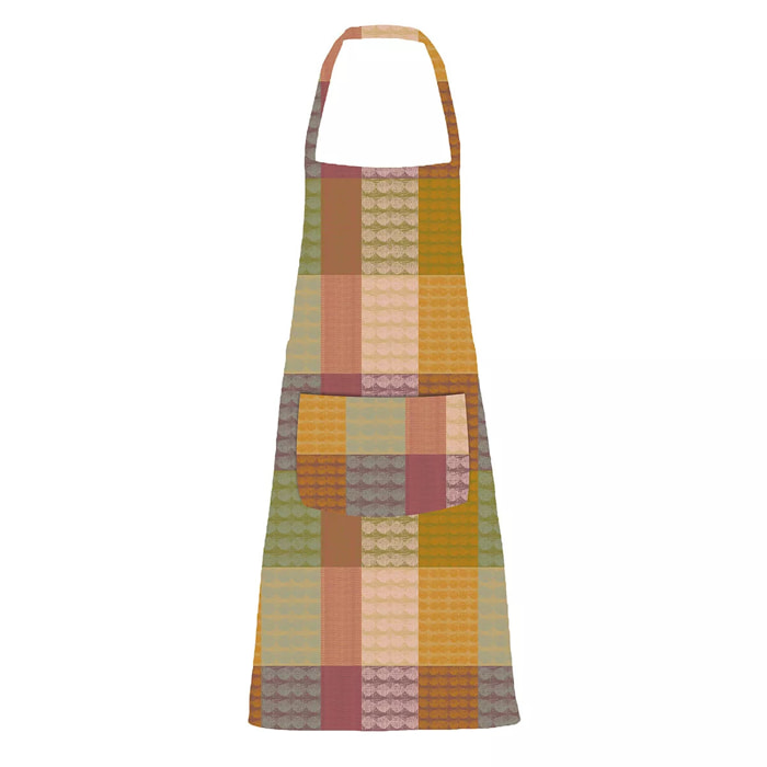 Tablier pur coton enduit motif jacquard vert orange Mille halos prunus