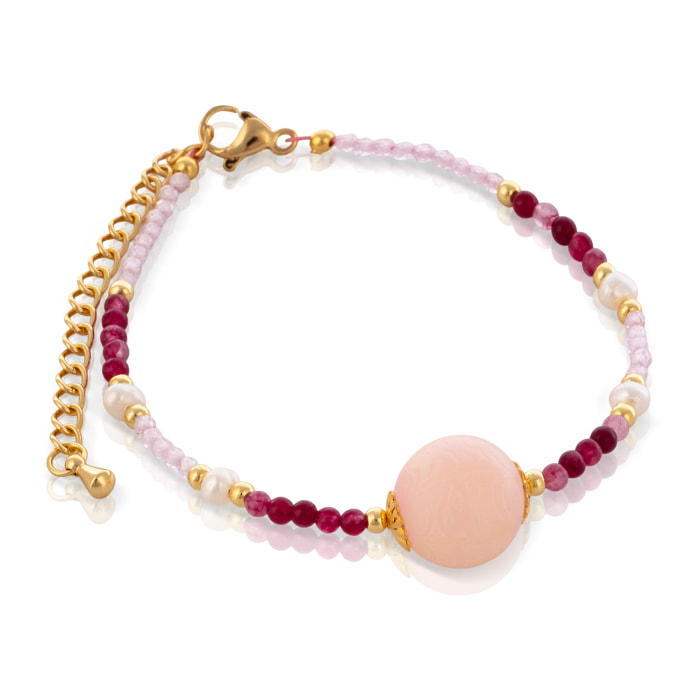 Veritas Pulsera de perlas naturales con cuentas de turmalina y circón rosa, con cierre de mosquetón.