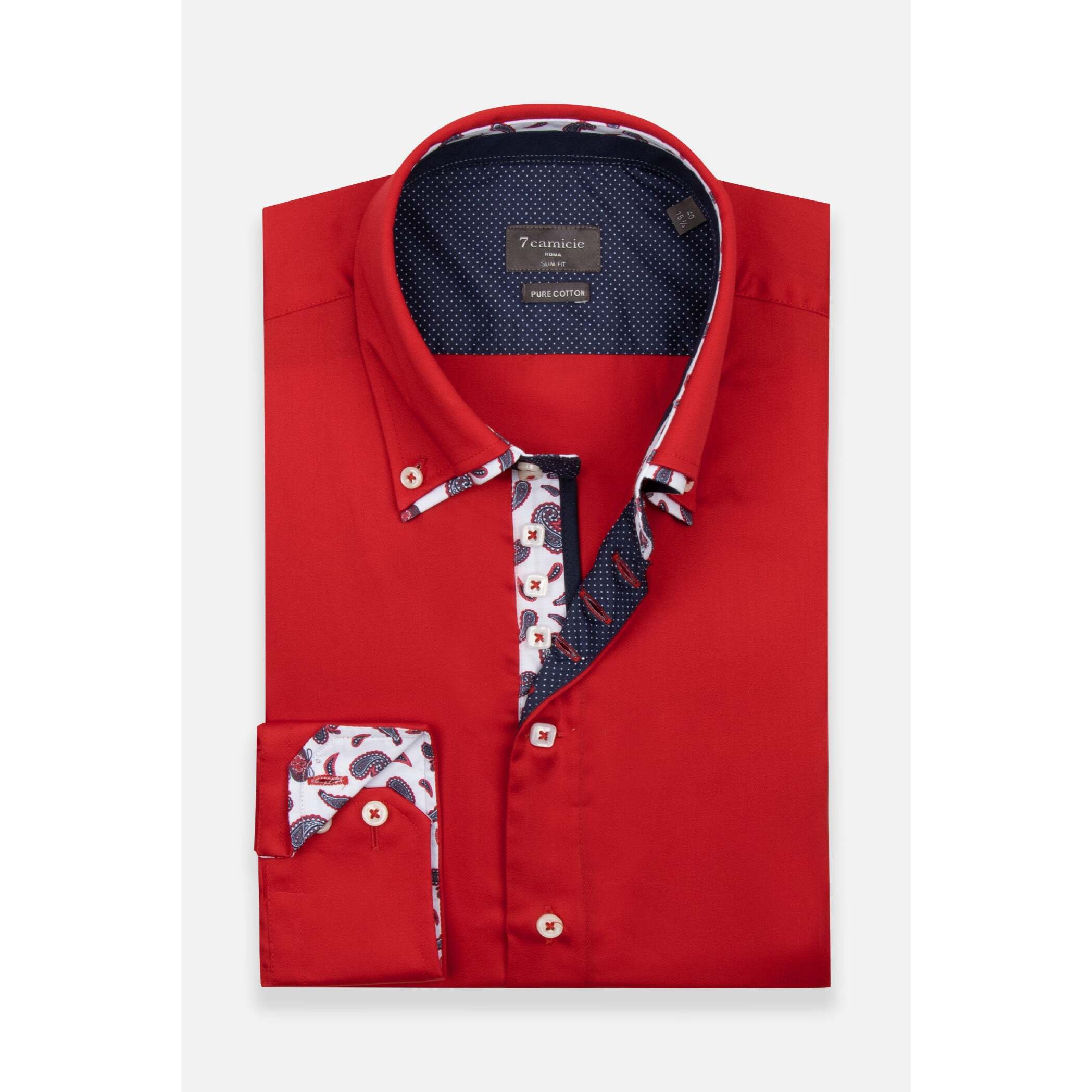 Camicia Uomo 2 Bottoni Button Down 7bottoni Doppio Coll Satin Unito Rosso