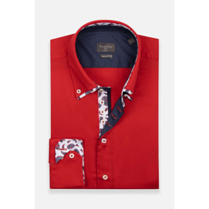 Camicia Uomo 2 Bottoni Button Down 7bottoni Doppio Coll Satin Unito Rosso
