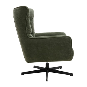 Fauteuil pivotant en tissu effet velours vert kaki et métal AVERY