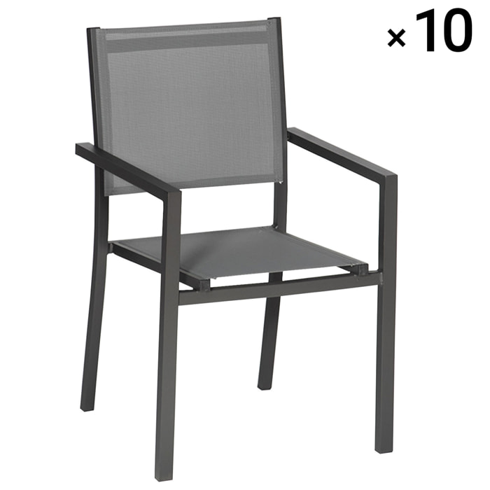 Lot de 10 chaises en aluminium anthracite - textilène gris