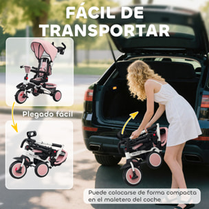 Triciclo Evolutivo 6 en 1 Plegable, Bicicleta para Niños de 1-5 Años, Asiento Giratorio de 360°, Respaldo Reclinable, con Toldo, Pedales, Barra de Empuje, Portavasos, Cesta, Reposapiés, Rosa