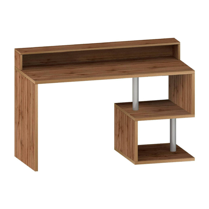 Scrivania Yemyin, Scrittoio lineare con ripiani portaoggetti e luci LED, Scrivania ufficio multiuso con sopralzo, 140x60h93 cm, Rovere