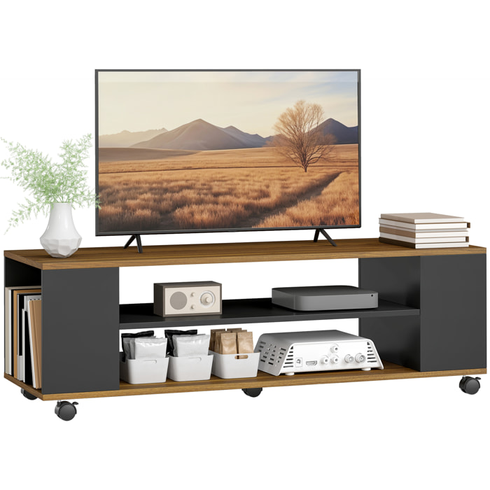 Mueble de TV con Ruedas, Mesa de TV Suspendido o de Pie, para Salón, con 4 Estantes Abiertos, para Televisión de 55 Pulgadas, Estilo Moderno, 120x40x38,5 cm, Nogal y Negro