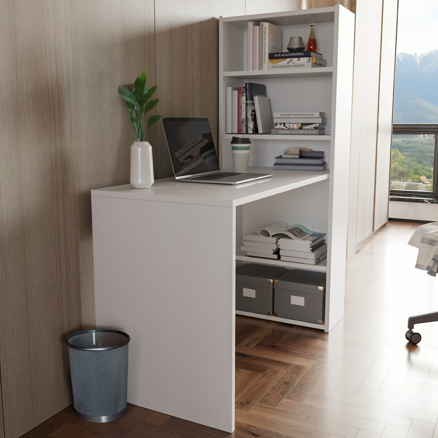 Scrivania Con Libreria Reversibile Salvaspazio Kirkensen Scrittoio Scaffali Laterali Mobile Desk Postazione Pc Studio 120 x 144 x 53 cm Bianco