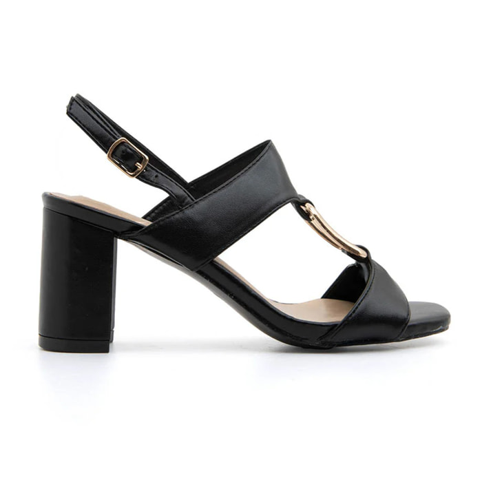 Sandalo gold buckle con tacco quadrato - NERO