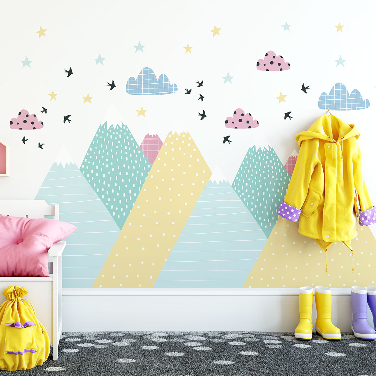 Stickers muraux enfants - Décoration chambre bébé - Autocollant Sticker mural géant enfant montagnes scandinaves DONIKA