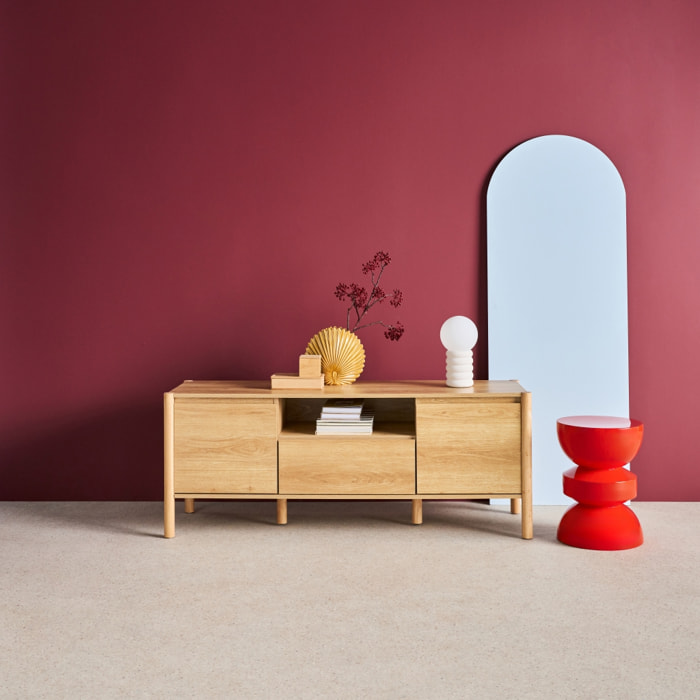 Meuble TV décor bois 2 portes 1 tiroir 140cm naturel - 140 x 42 x 55 cm - Harmony