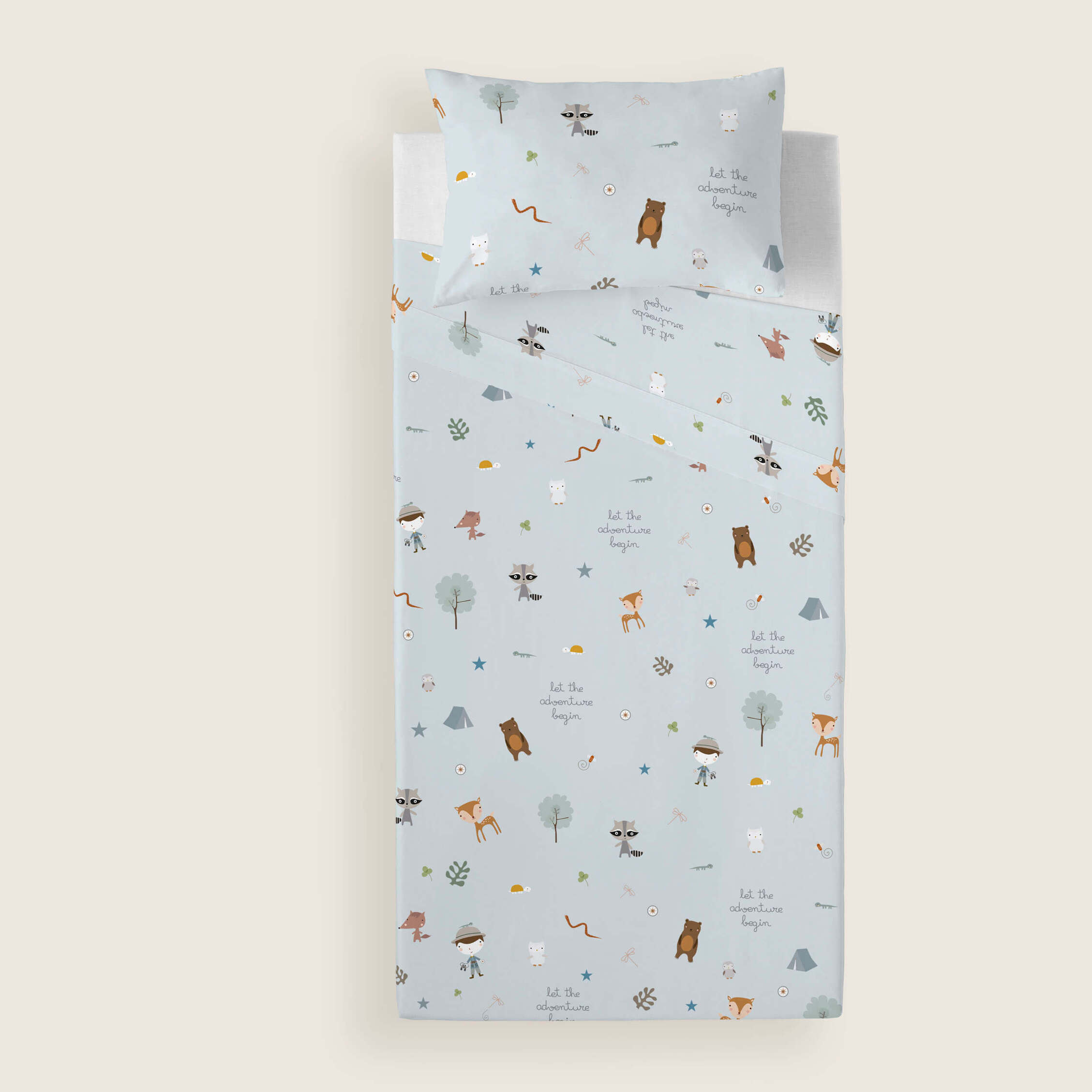 Juego de Sábanas Estampadas - Infantil - Incluye 1 Funda de Almohada - 100% Algodón - Cuna/Maxicuna - Aventura Bosque B