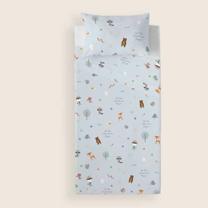 Juego de Sábanas Estampadas - Infantil - Incluye 1 Funda de Almohada - 100% Algodón - Cuna/Maxicuna - Aventura Bosque B